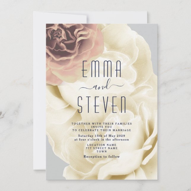 Convite de Casamento Boho Floral Rosa e Azul (Frente)