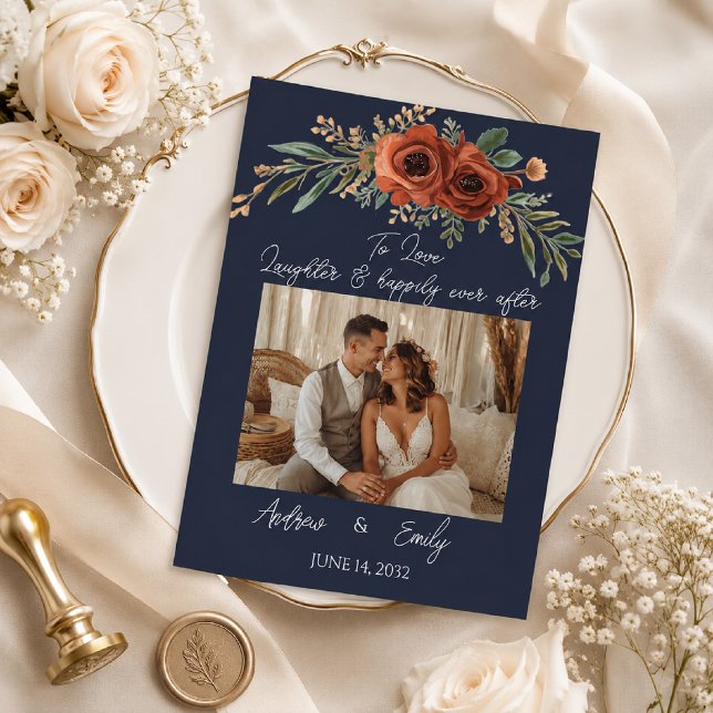 Convite de Casamento Boho Floral Terracota Azul-Ma (Criador carregado)