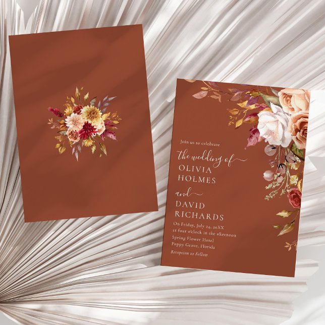 Convite de Casamento Boho Floral Terracota Rústico (Modern Boho Terracotta Burnt Orange Floral Wedding Invitation on a sunny neutral dry palm leaf.)