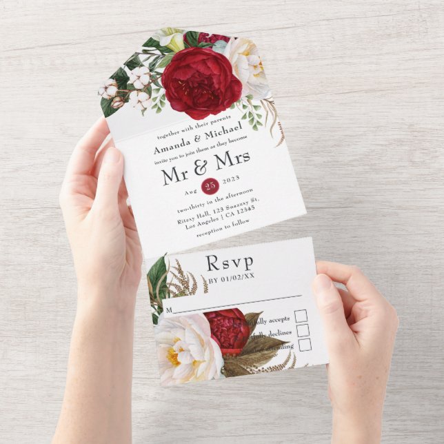 Convite de Casamento Boho Floral Vermelho e Branco (Aba destacável)