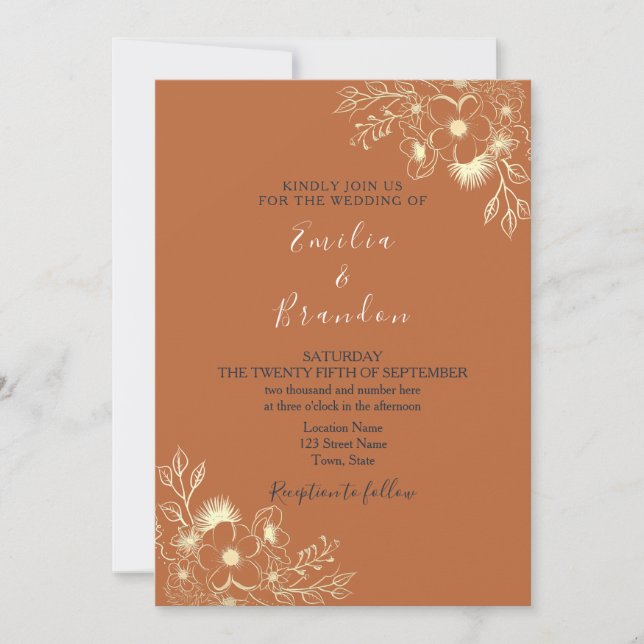 Convite de Casamento Boho Laranja Queimada (Frente)