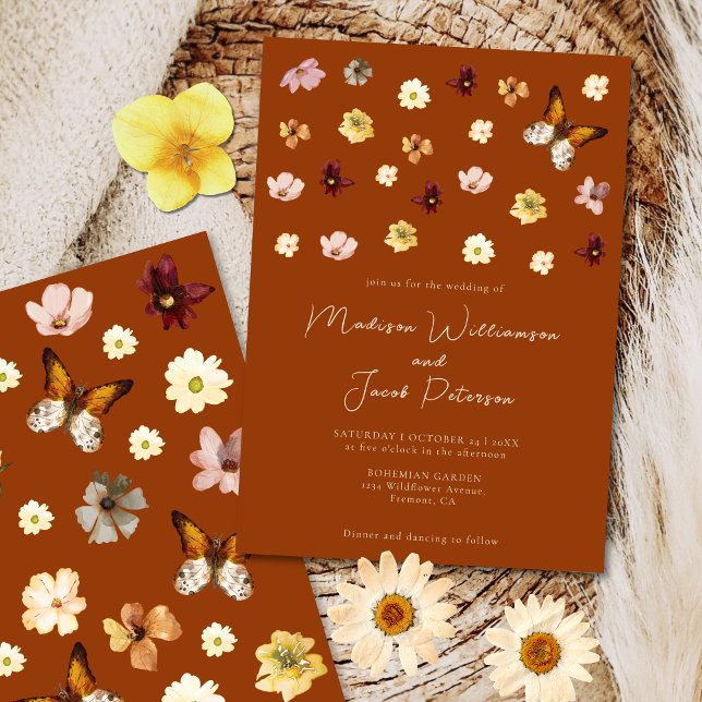 Convite de Casamento Boho Laranja Queimado Flor Si (Criador carregado)