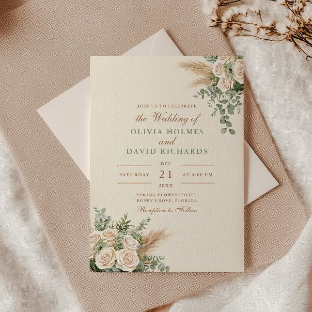 Convite de Casamento Boho Moderno com Grama das Pa (Modern Boho Pampas Grass & White Rose Wedding Invitation with an envelope on an elegant table)