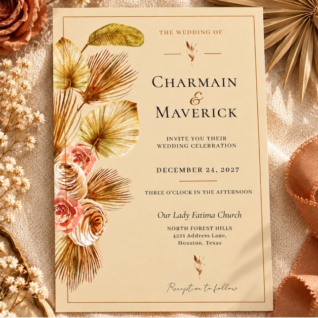 Convite de Casamento Boho Palma Dourada (Criador carregado)