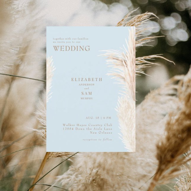 Convite de Casamento Boho Pampas Céu Azul Juntos (Criador carregado)