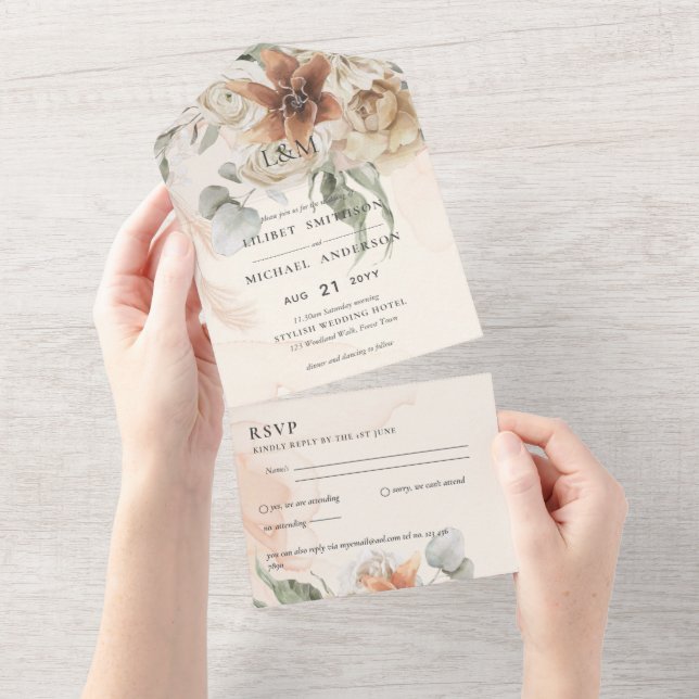 convite de casamento Boho Pampas Grass 3in1 e RSVP (Tearaway)
