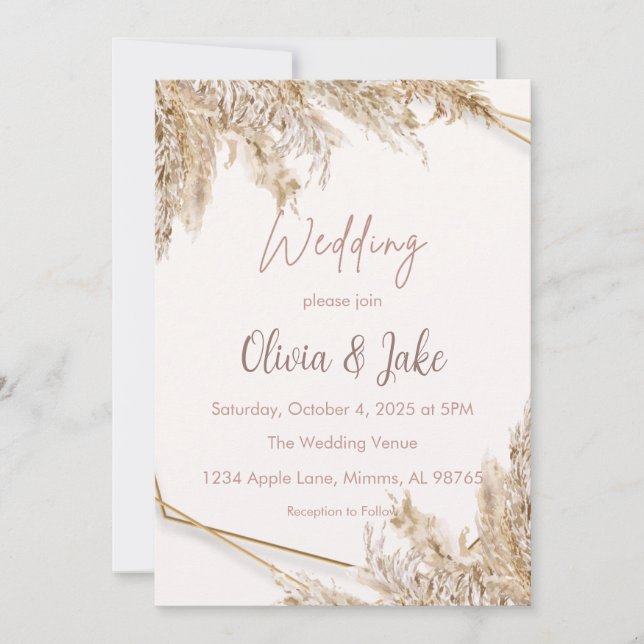 Convite de Casamento Boho Pampas Grass — Bege/Blus (Frente)