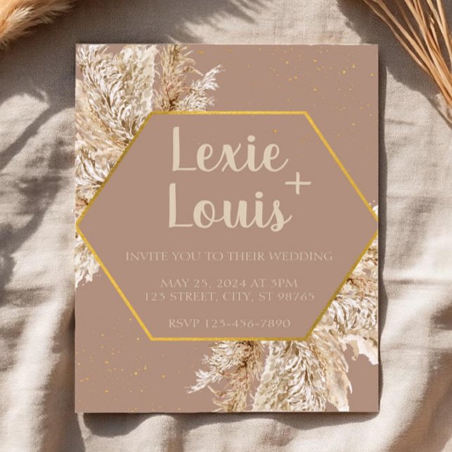 Convite de Casamento Boho Pampas Grass — Bege/Blus (Criador carregado)