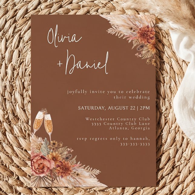 Convite de Casamento Boho Pampas Grass & Champagne (Criador carregado)