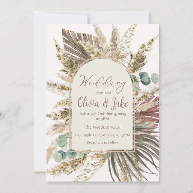 Convite de Casamento Boho Pampas Grass — Verde Sag (Frente)