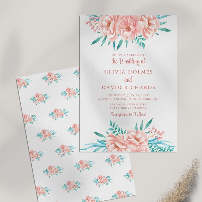 Convite de Casamento Boho Peach e Tosca Floral (Boho Peach and Tosca Floral Wedding Invitation on white table.)