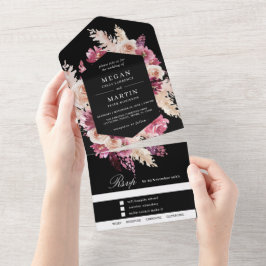 Convite de Casamento Boho Preto e Rosa Todos em Um