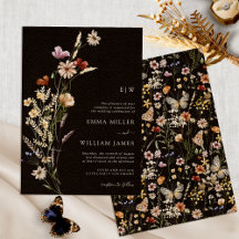 Convite de Casamento Boho Preto Flor Silvestre