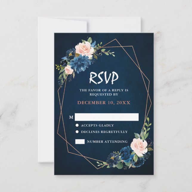 Convite de Casamento Boho Rosa Bege Azul Marinho R (Frente)