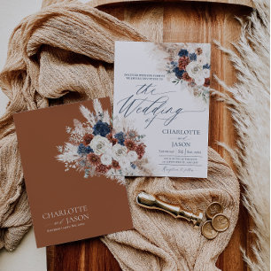 Convite de Casamento Boho Rust Navy para Outono