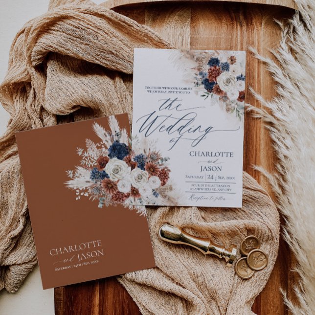 Convite de Casamento Boho Rust Navy para Outono (Boho Rust Navy Wedding Invitation Card | Fall Rustic Bohemain Terracotta Invite (Front and Back))
