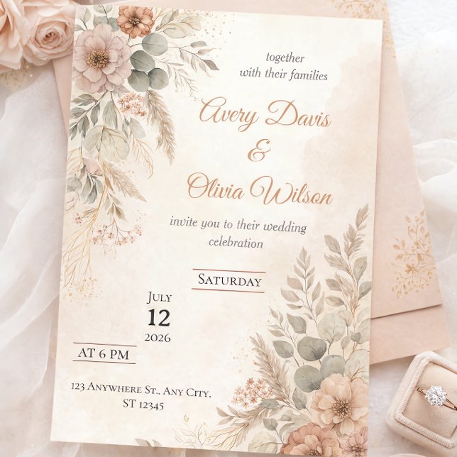 Convite de Casamento Boho Rústico | Florais Secas  (Criador carregado)