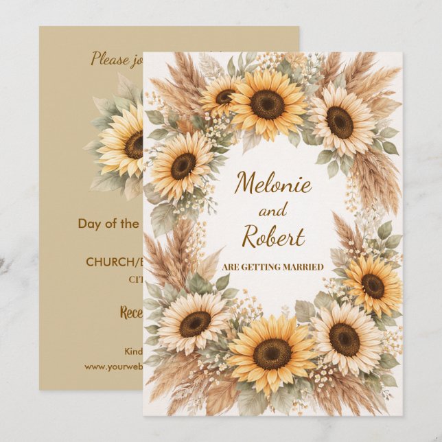 Convite de Casamento Boho Terroso com Girassóis (Frente/Verso)