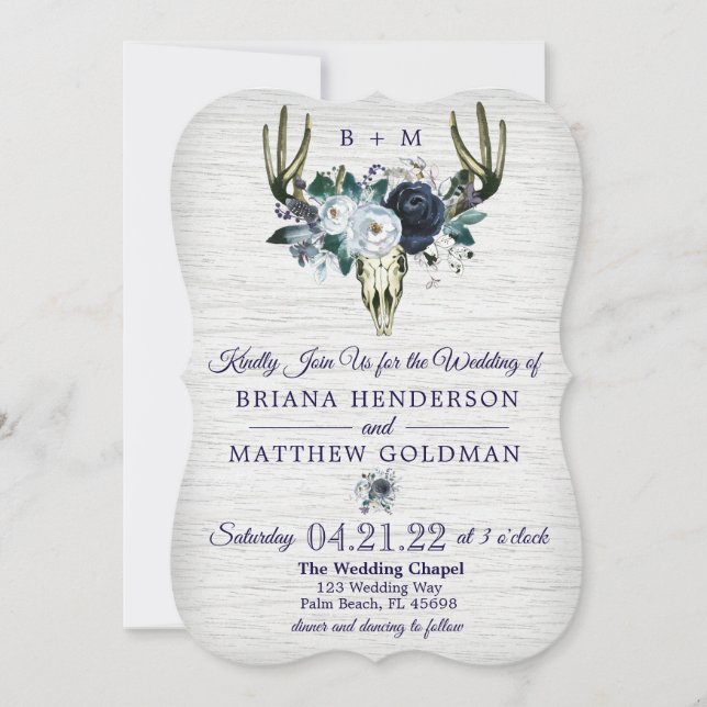 Convite de Casamento Boho Tribal Floral Antlers Az (Frente)