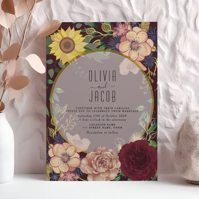 Convite de Casamento Boho Wildflower Burgundy (Criador carregado)