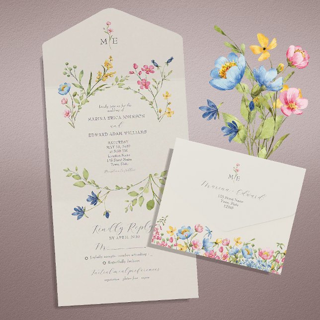 Convite de Casamento Boho Wildflower Tudo em Um (Criador carregado)