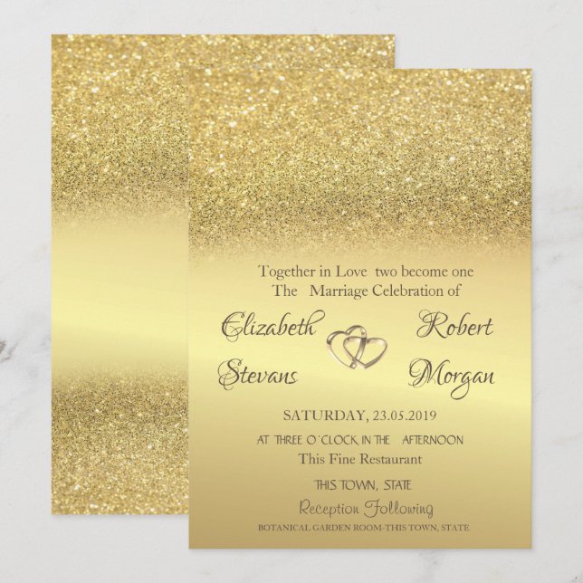 Convite de Casamento Bokeh com Brilho Dourado Eleg (Frente/Verso)