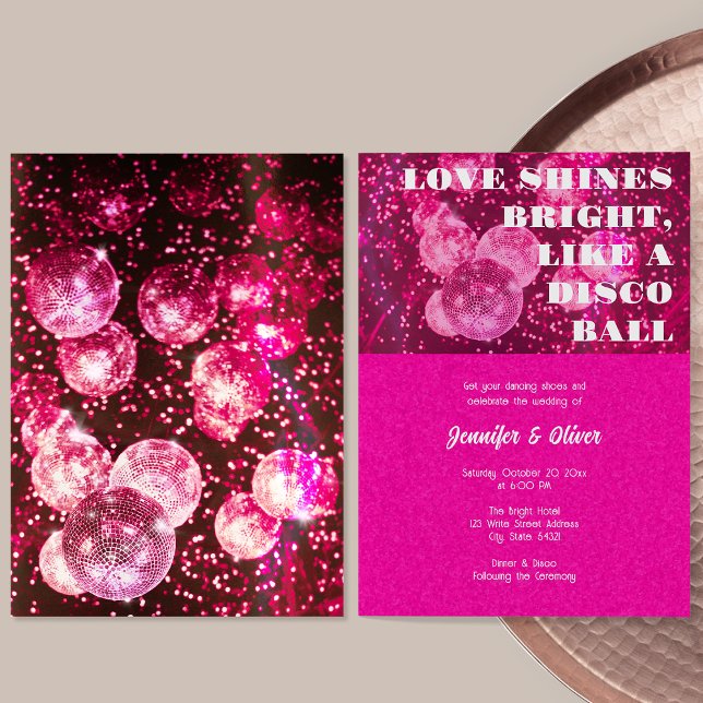 Convite de Casamento Bola de Discoteca Retro Brilh (Front and Back)