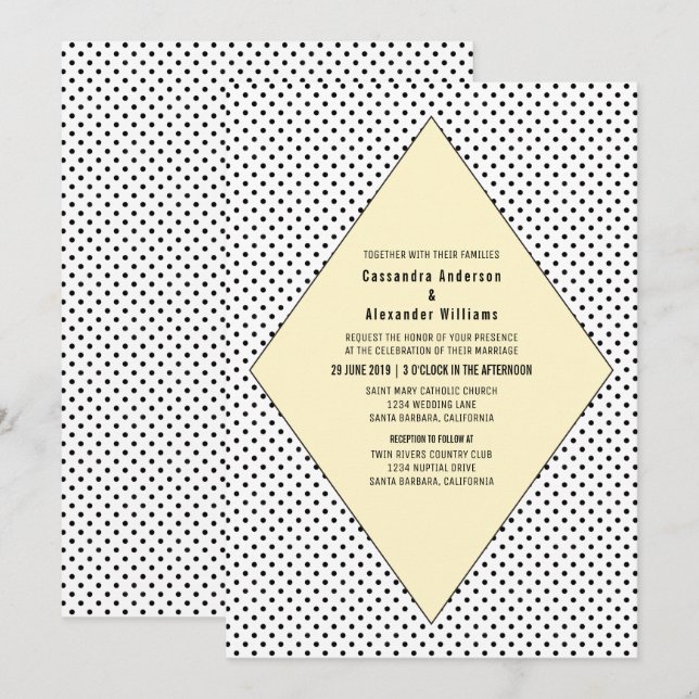 Convite de casamento Bolinhas Moderno Amarelo (Frente/Verso)