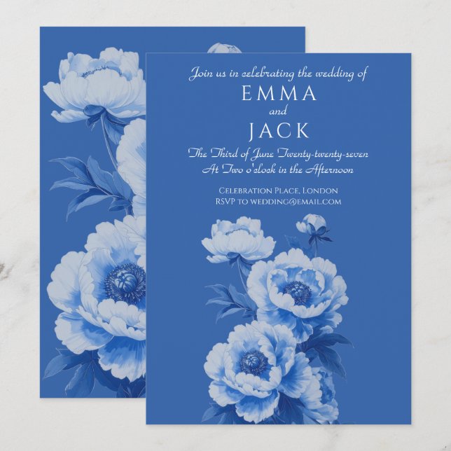 Convite de casamento bonito com peônias azuis e br (Frente/Verso)
