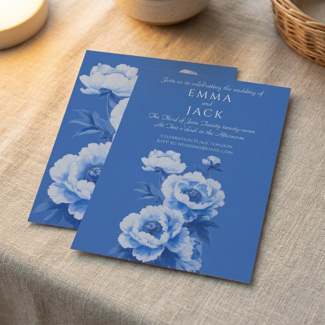 Convite de casamento bonito com peônias azuis e br (Blue and white peonies pretty wedding invitation)
