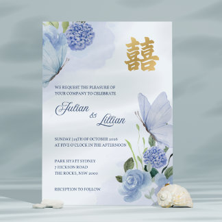 Convite de Casamento Borboleta Azul Dourado