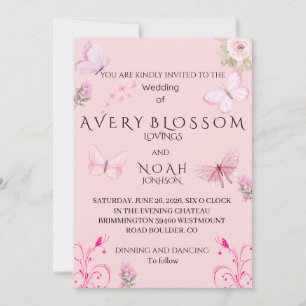 Convite de Casamento Borboleta Rosa Elegante Edi