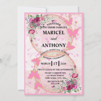 Convite de Casamento Borboletas Rosa