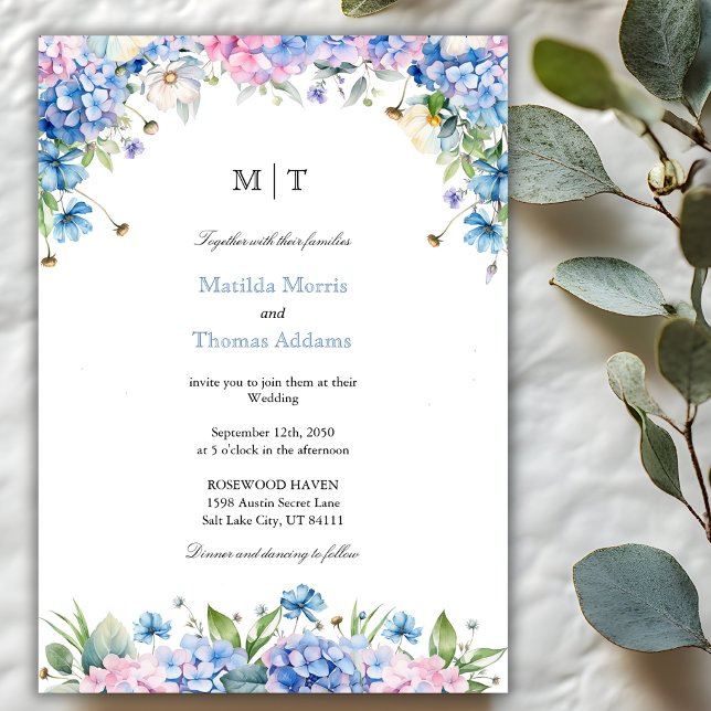 Convite de Casamento Bordado com Hortênsia Azul El (Criador carregado)