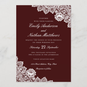 Convite de Casamento Borgonha com Renda Branca Ele