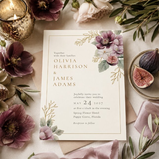 Convite de Casamento Botânico Ameixa & Oliva (Plum & Olive Botanical Wedding Invitation)