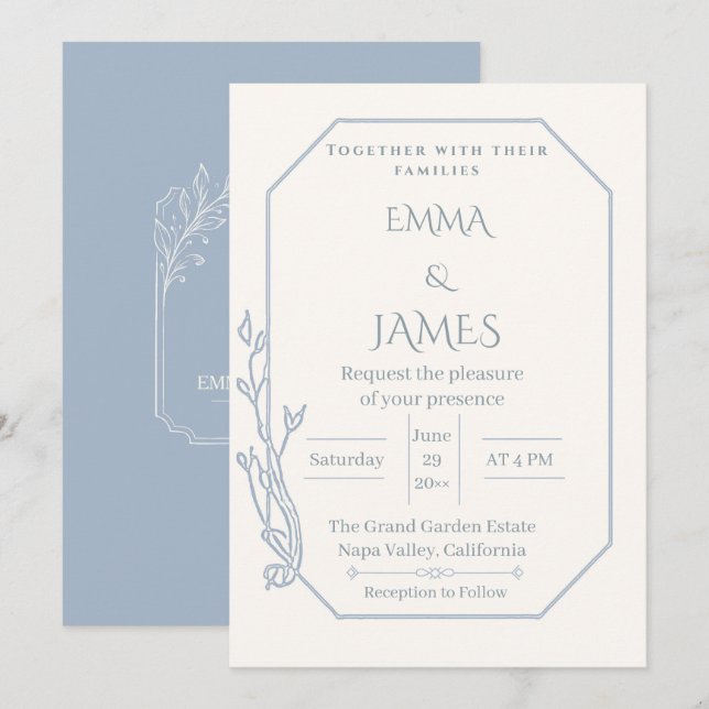 Convite de Casamento Botânico Arqueado Azul Empoei (Frente/Verso)