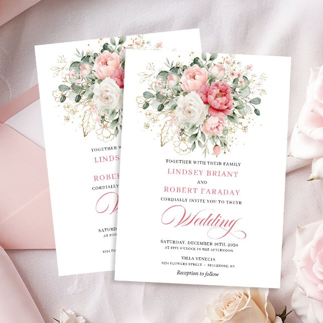 Convite de Casamento Botânico Artístico Rosa Doura (Artful Blush Rose Gold Botanical Wedding Invite)