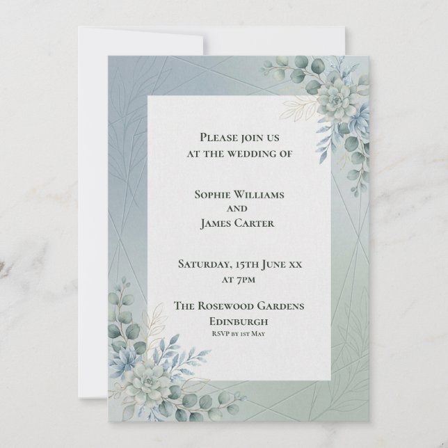 Convite de Casamento Botânico Azul Claro (Frente)