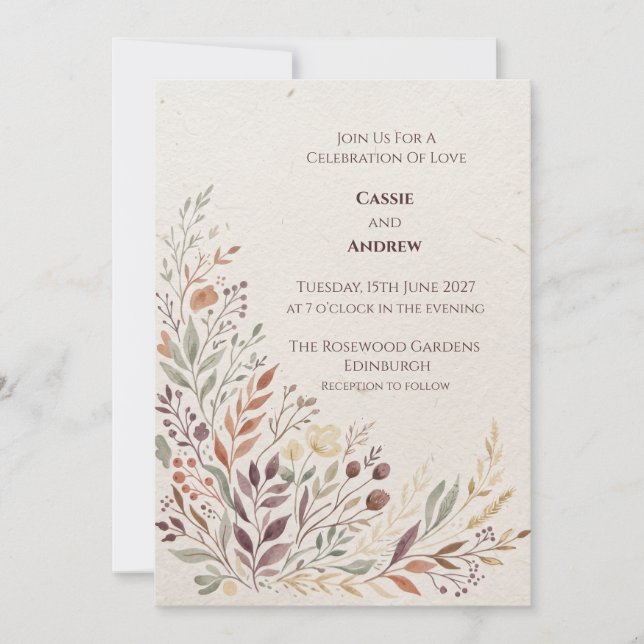 Convite de Casamento Botânico Azul Coral (Frente)