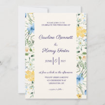 Convite de Casamento Botânico Azul e Amarelo