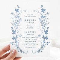 Convite de Casamento Botânico Azul Francês Elegant