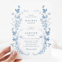 Convite de Casamento Botânico Azul Francês Elegant