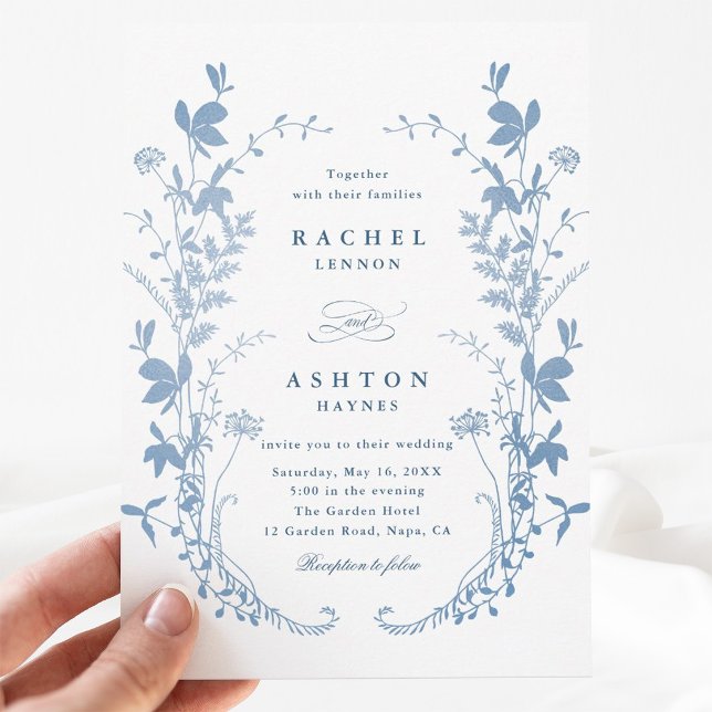 Convite de Casamento Botânico Azul Francês Elegant (Criador carregado)