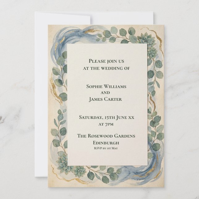 Convite de Casamento Botânico Azul Verde (Frente)