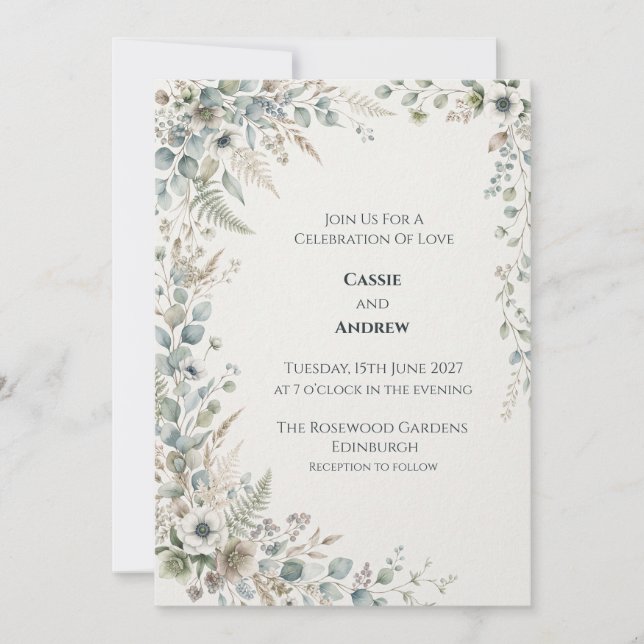 Convite de Casamento Botânico Azul Verde (Frente)