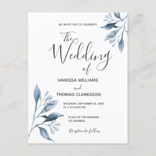 Convite de casamento botânico branco-prata azul