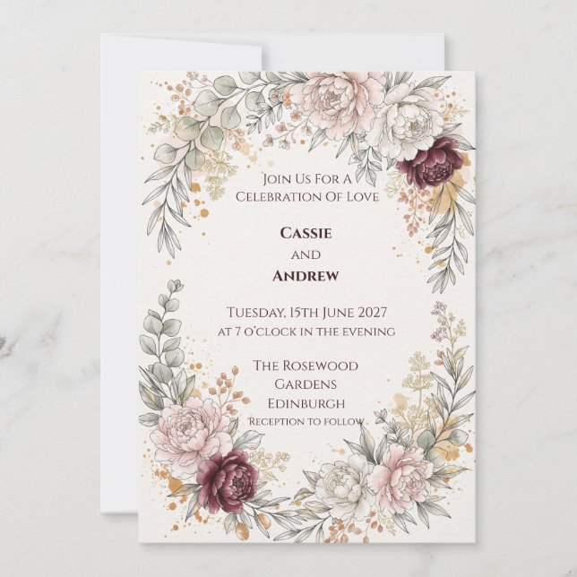 Convite de Casamento Botânico Burgundy Blush (Frente)