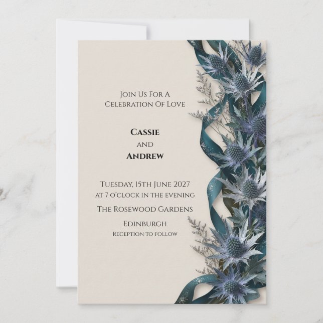 Convite de Casamento Botânico Cardo Azul (Frente)