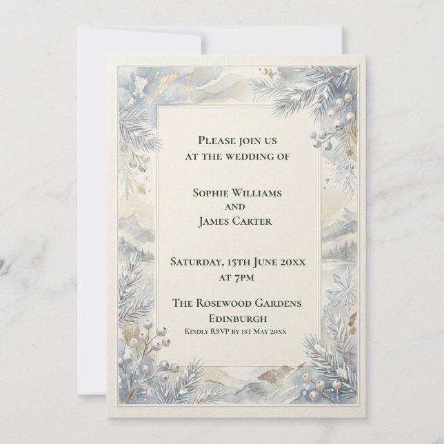 Convite de Casamento Botânico Cinza Azul (Frente)
